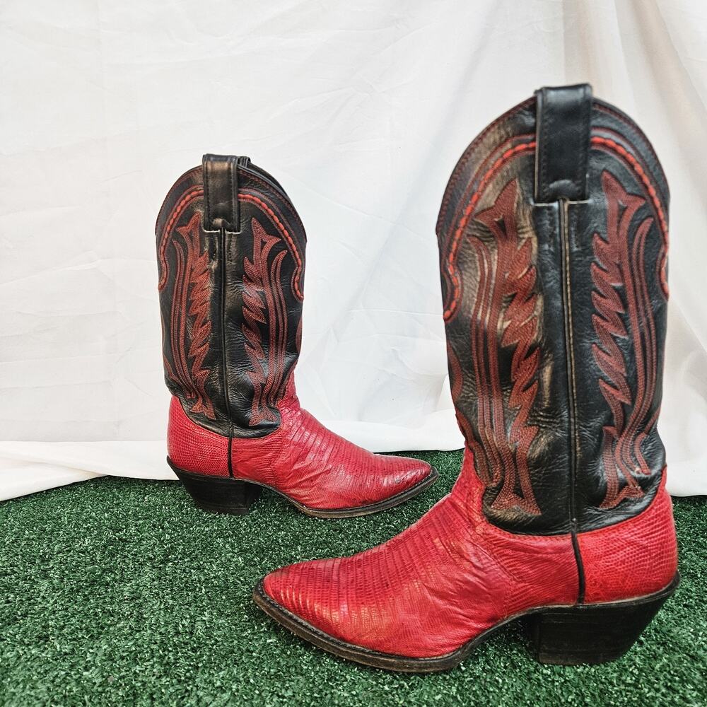Justin Western Exotic Black Red Iguana Lizard Leather Cowboy Boots Women’s 5.5 B
